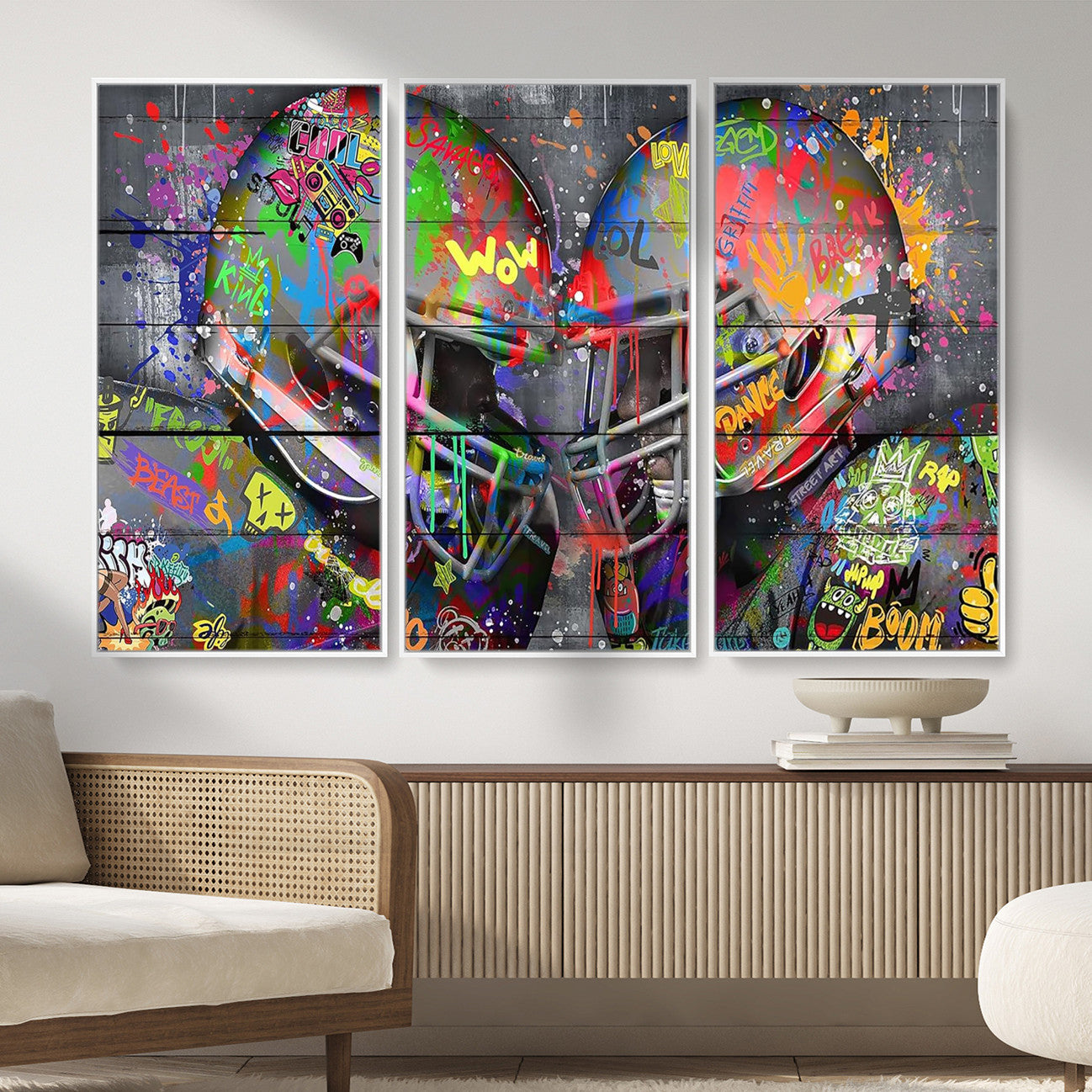 15309853-MGV-CV-36X24 - Graffiti Football Helmets Wall Art Canvas Print, Urban Street Art Sports Decor, Colorful American Football Graffiti Artwork