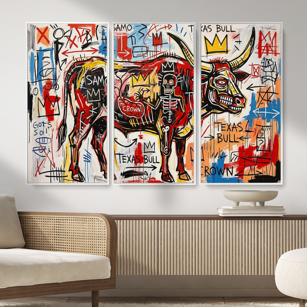 89504579-MGV-CV-36X24 - TITLE: Texas Bull Wall Art Canvas Print, Abstract Graffiti Bull Painting, Western Animal Art, Modern Ranch Decor