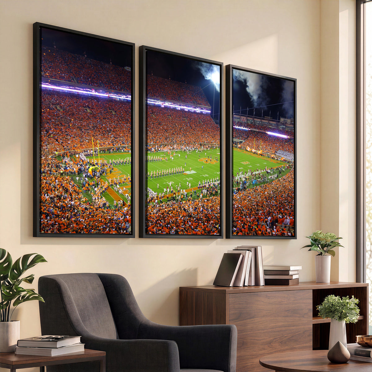 43662631-MGV-CV-36X24 - Clemson Football Stadium Wall Art Canvas Print, College Football Crowd Night Game Scene, Orange Stadium Panorama Wall Decor