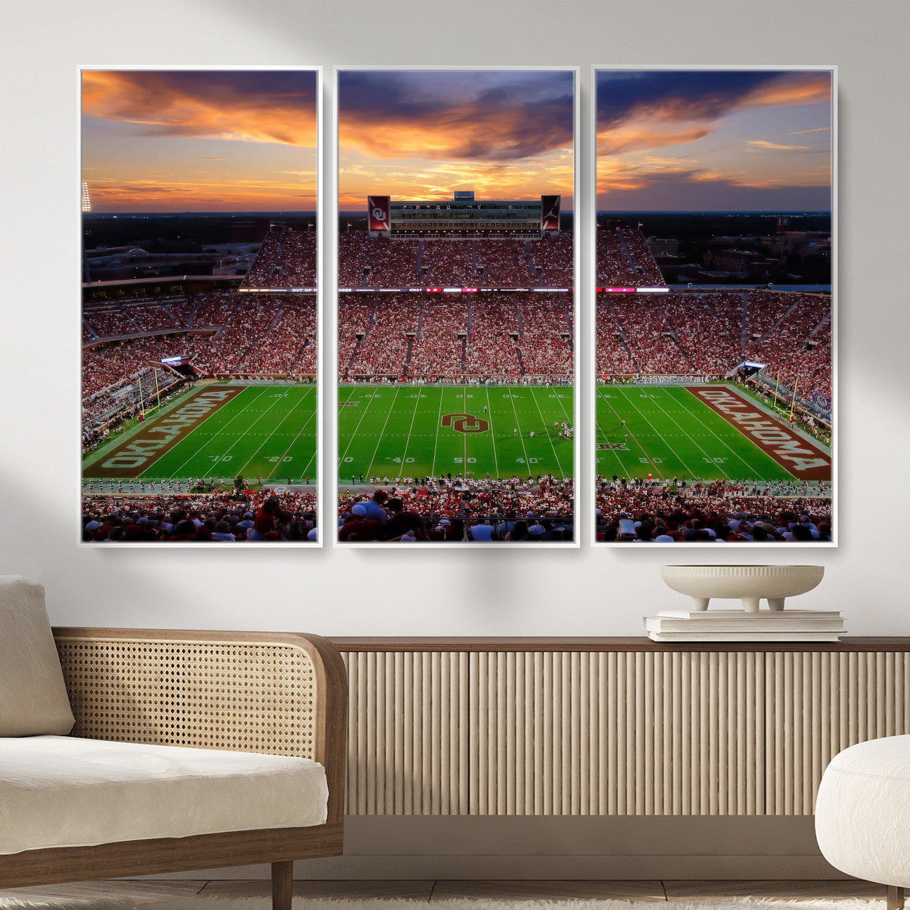 51457497-MGV-CV-36X24 - Oklahoma Sooners Stadium Wall Art Canvas Print, College Football Sunset Game Scene, OU Football Field Panorama Wall Decor