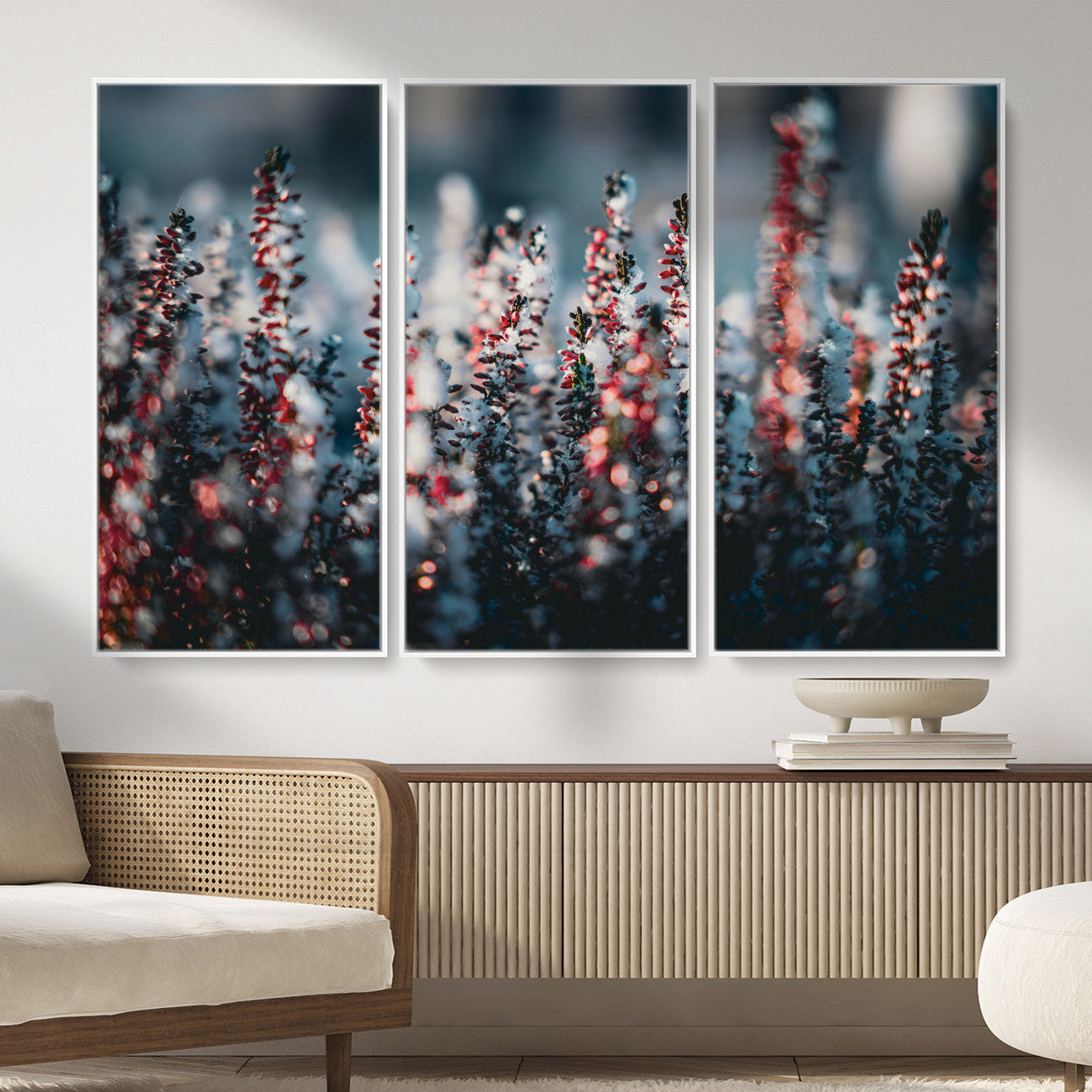 82063935-MGV-CV-36X24 - Winter Heather Wall Art Canvas Print, Frosted Floral Nature Art, Moody Botanical Wall Decor