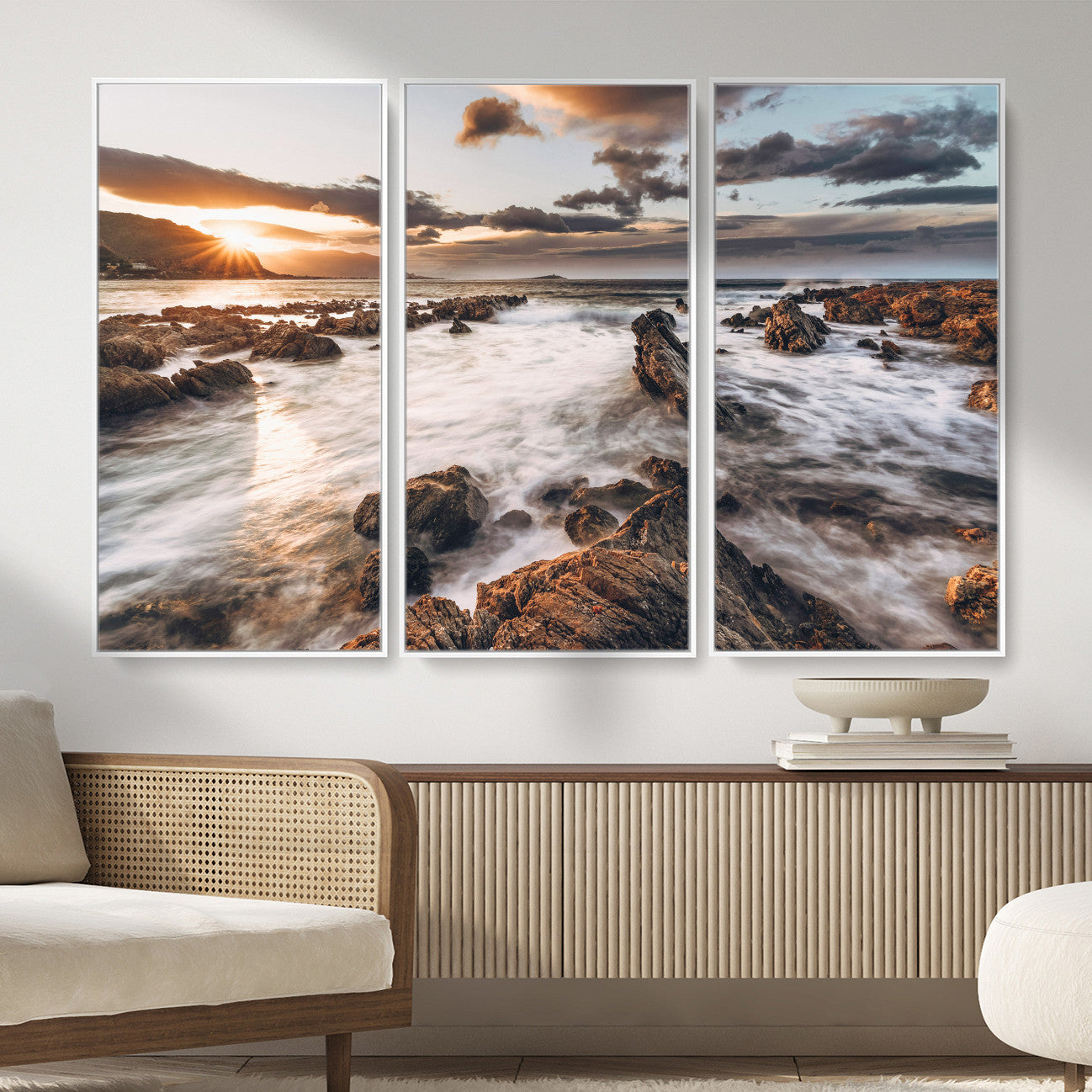 66746024-MGV-CV-36X24 - Rocky Coast Ocean Sunset Wall Art Canvas Print, Dramatic Seascape Nature Wall Decor for Living Room and Office