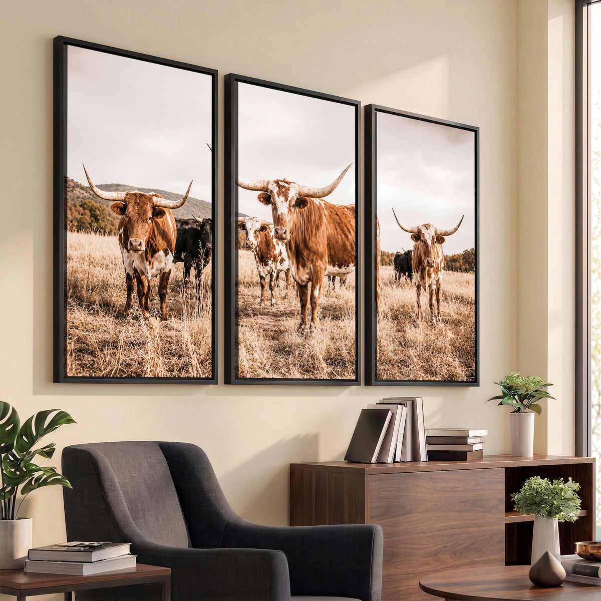 27539727-MGV-CV-36X24 - Texas Longhorn Cattle Wall Art Canvas Print, Sepia Western Decor