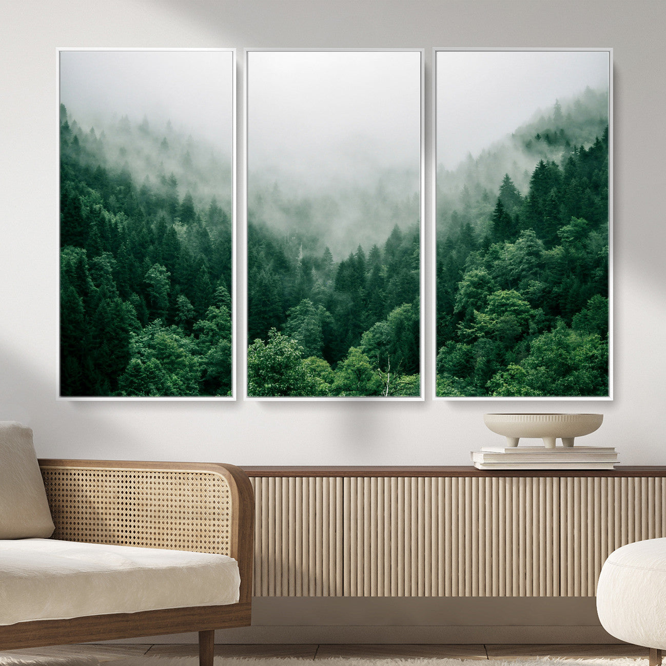 61640815-MGV-CV-36X24 - Misty Pine Forest Wall Art Canvas Print, Foggy Evergreen Landscape Wall Decor, Moody Green Nature Artwork, Minimal Forest Canvas Wall Art, Framed Canvas Wall Art Ready to Hang