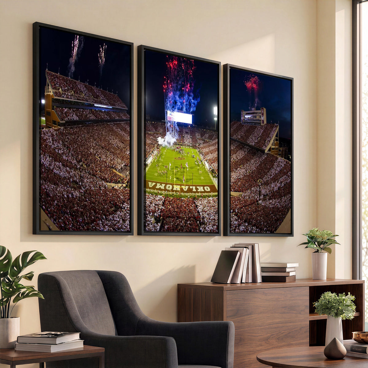 43197777-MGV-CV-36X24 - Oklahoma Memorial Stadium Wall Art Canvas Print – Oklahoma Sooners Football Artwork for Home, Office, and Sports Room Decor