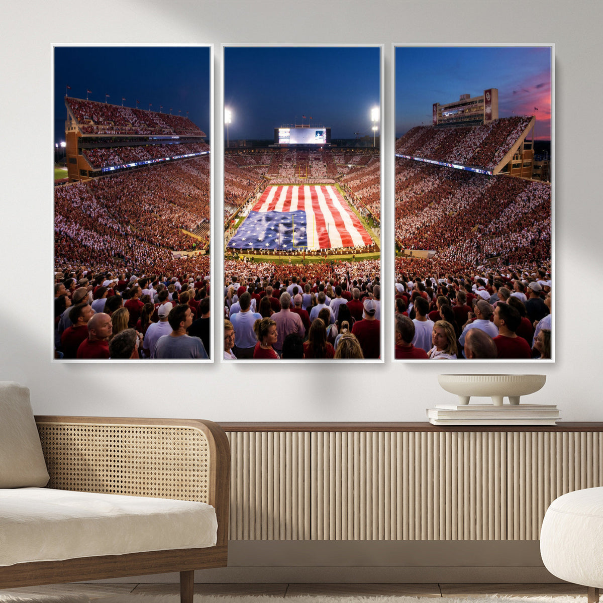 59917418-MGV-CV-36X24 - Oklahoma Memorial Stadium Wall Art Canvas Print | Oklahoma Sooners Football Artwork for Home, Office, and Sports Room Decor