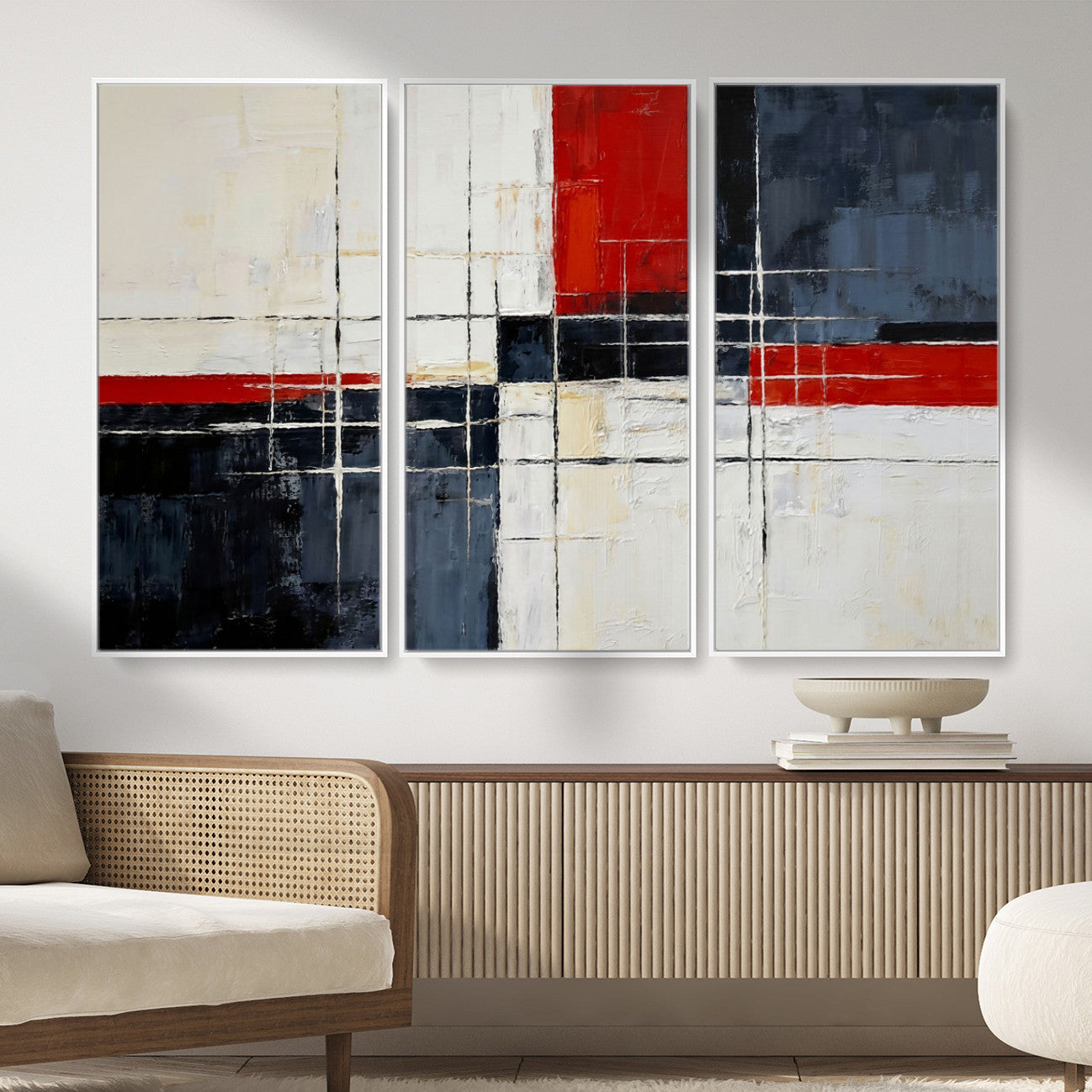 44088165-MGV-CV-36X24 - Navy Red Abstract Wall Art Canvas Print, Modern Luxury Geometric Painting Wall Decor for Living Room and Office