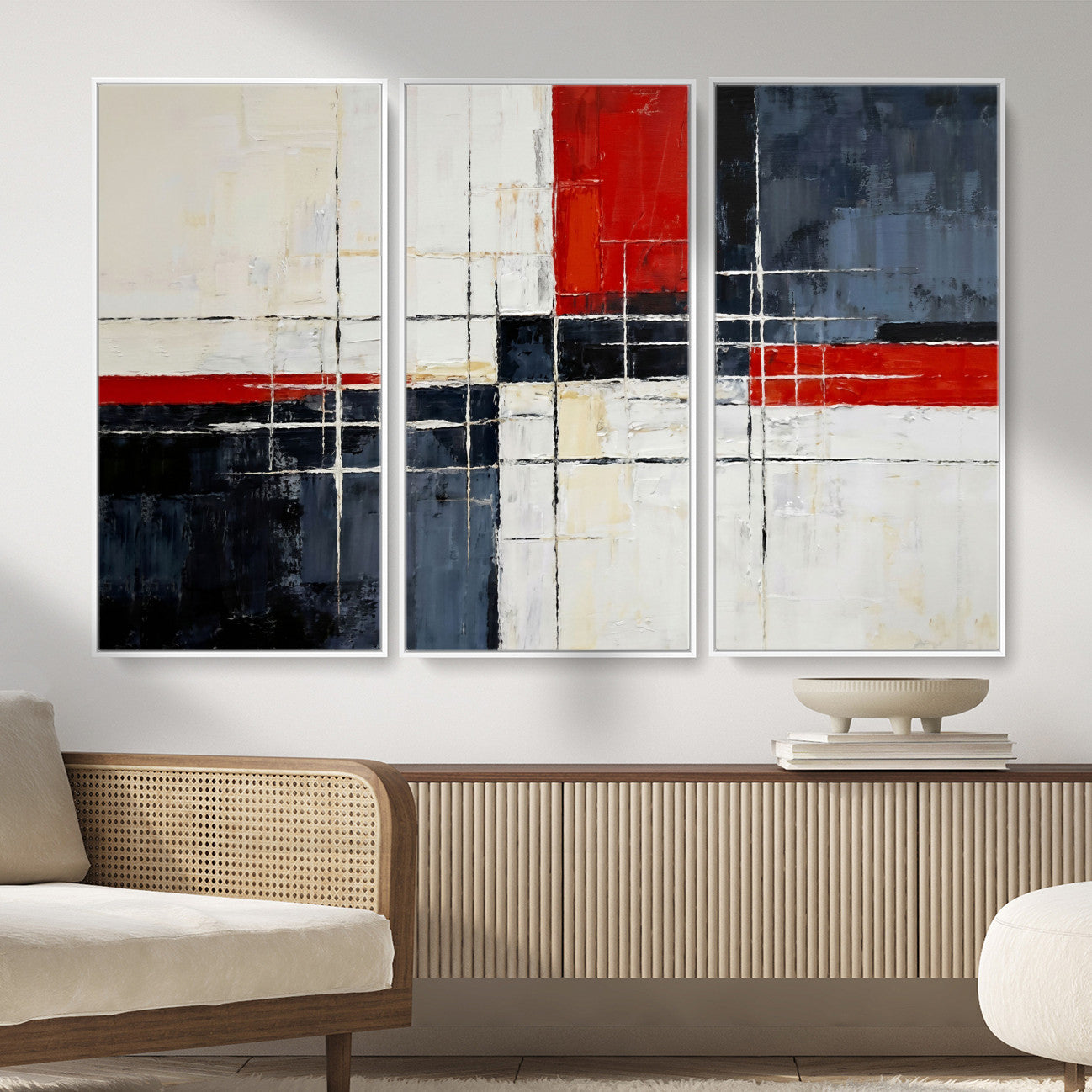 11921181-MGV-CV-36X24 - Navy Red Abstract Wall Art Canvas Print, Modern Luxury Geometric Painting Wall Decor for Living Room and Office