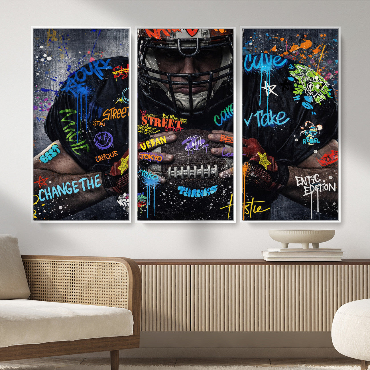 55267256-MGV-CV-36X24 - Graffiti American Football Player Street Art Wall Art Canvas Print, Urban Sports Pop Art Football Canvas Print, Modern Athletic Graffiti Contemporary Art Printing