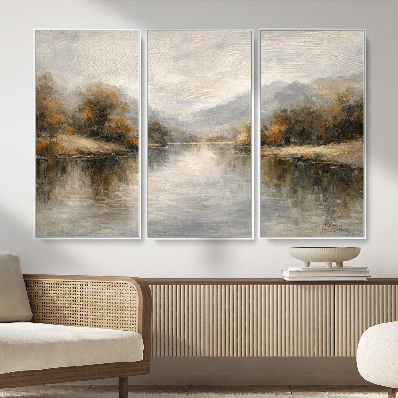 29251761-MGV-CV-36X24 - Neutral Abstract River Landscape Wall Art Canvas Print, Modern Minimal Nature Reflection Canvas Print, Beige Gray Contemporary Mountain Art Printing