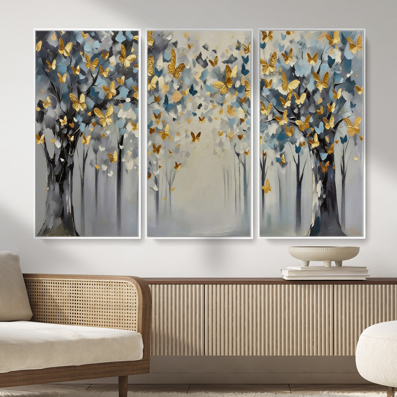 79208191-MGV-CV-36X24 - Golden Butterfly Tree Abstract Wall Art Canvas Print, Modern Elegant Nature Painting Canvas Print, Blue Gold Contemporary Floral Art Printing