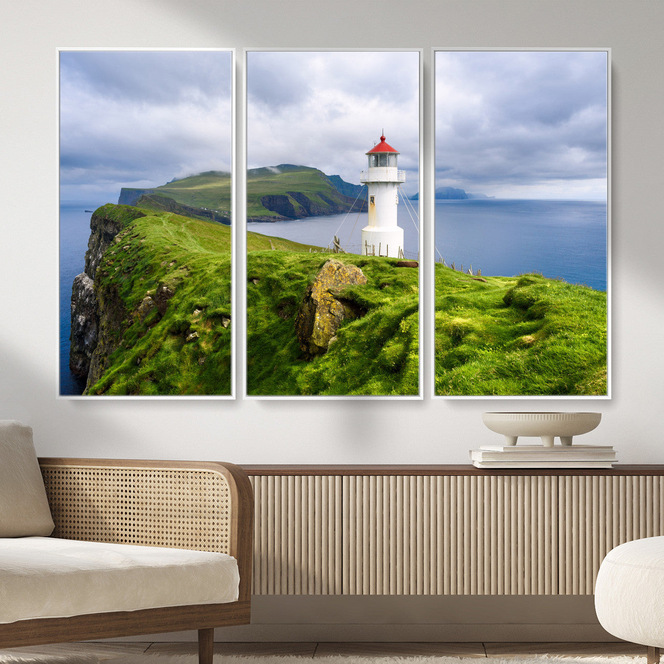 10680390-MGV-CV-36X24 - Coastal Lighthouse Wall Art Canvas Print, Cliffside Ocean Landscape Canvas Print, Scandinavian Coastal Decor for Living Room