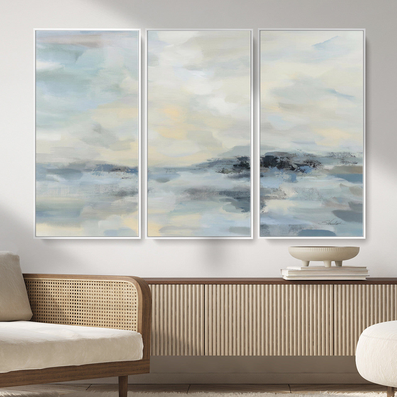 24647355-MGV-CV-36X24 - Abstract Coastal Landscape Wall Art Canvas Print – Soft Blue Gray Minimalist Painting