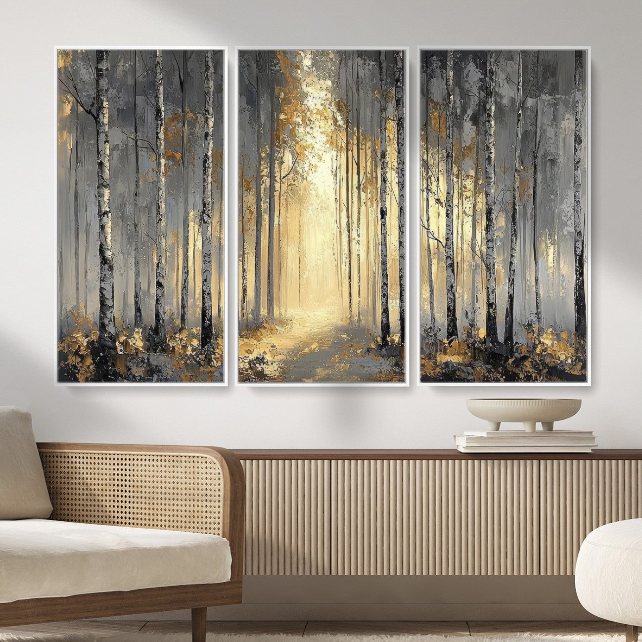 41017042-MGV-CV-36X24 - Abstract Birch Forest Wall Art Canvas Print – Modern Neutral Woodland Landscape Artwork for Living Room Decor
