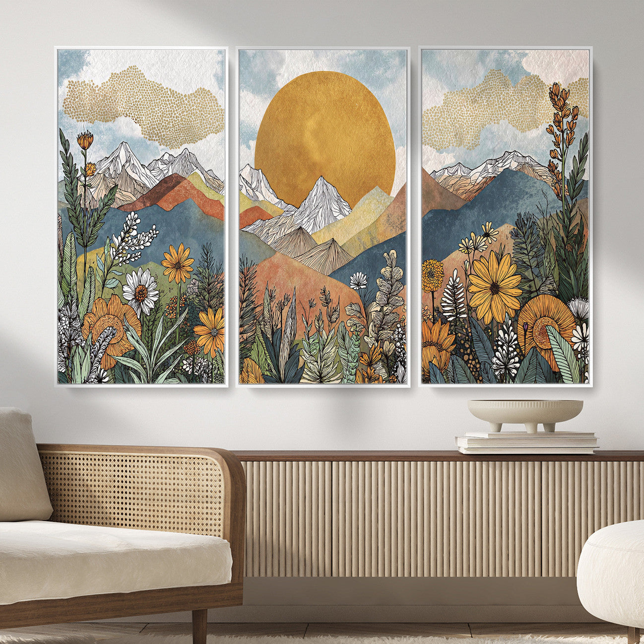 17540863-MGV-CV-36X24 - Boho Mountain Landscape Large Wall Art, Horizontal Gold Framed Canvas Print with Sun and Flowers