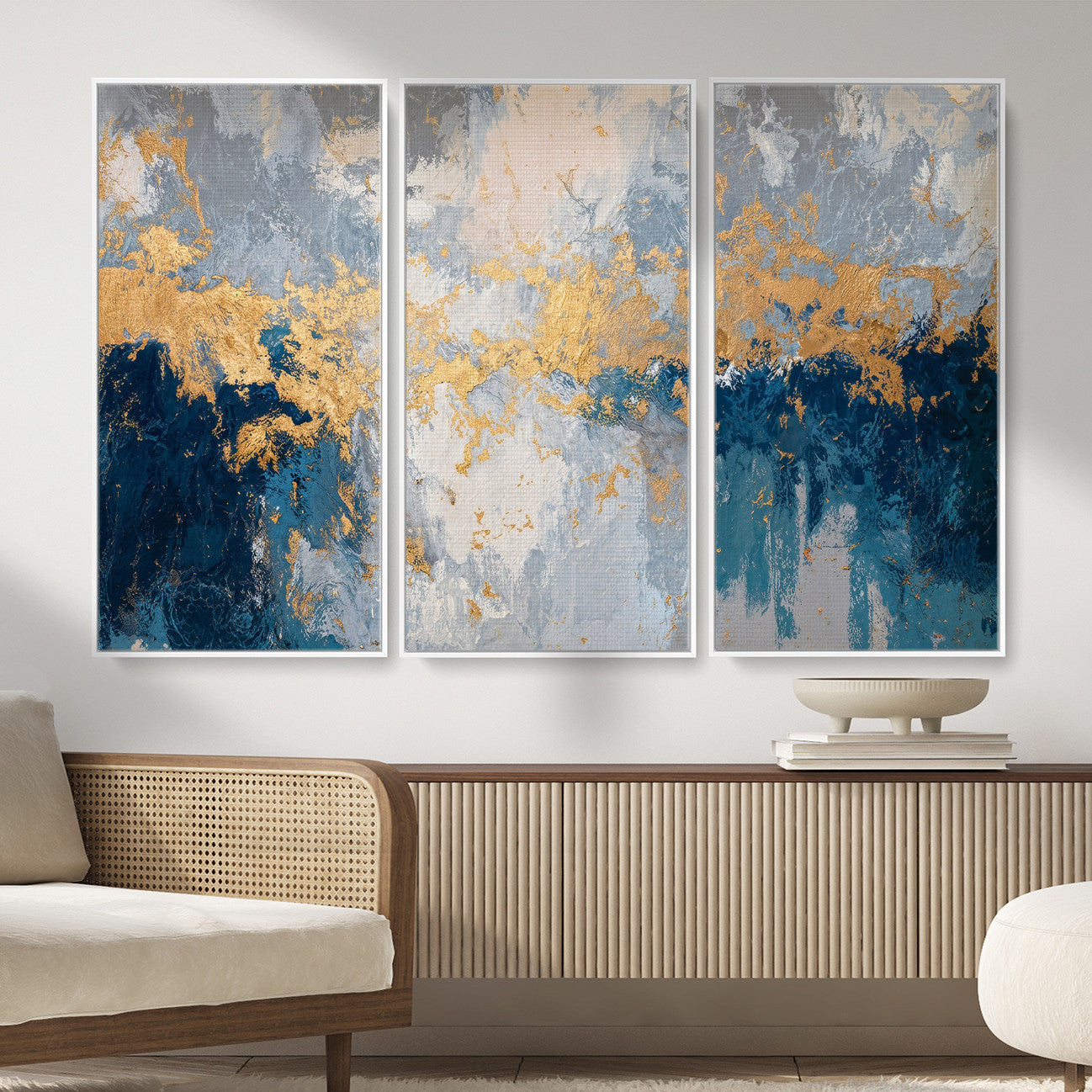 65386119-MGV-CV-36X24 - Blue Gold Abstract Large Framed Canvas Wall Art, Modern Luxury Painting Print in Horizontal Oversized Minimal Wall Decor Artwork