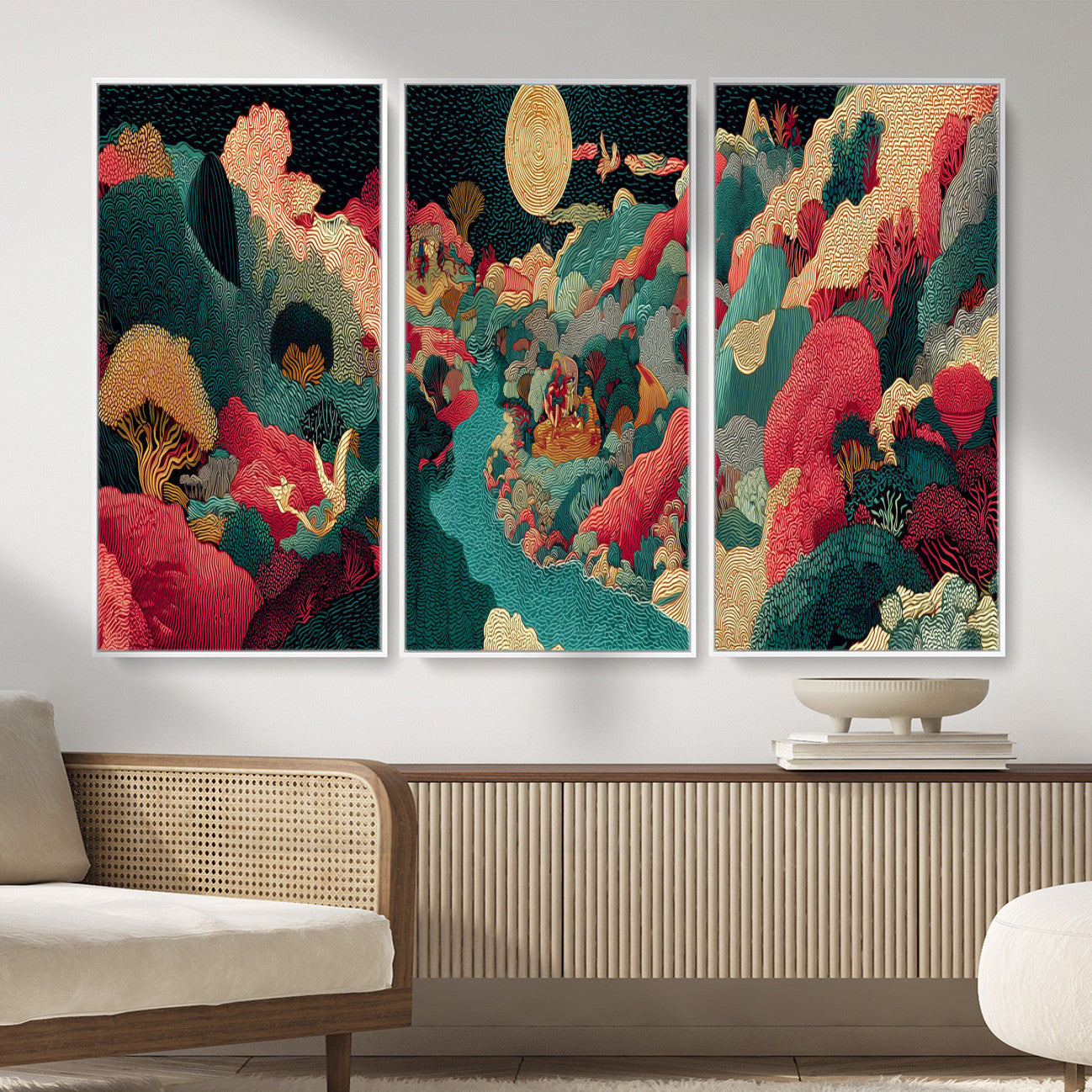 36816259-MGV-CV-48X32-3P - Colorful Japanese Landscape Print: Maximalist Panoramic Wall Art