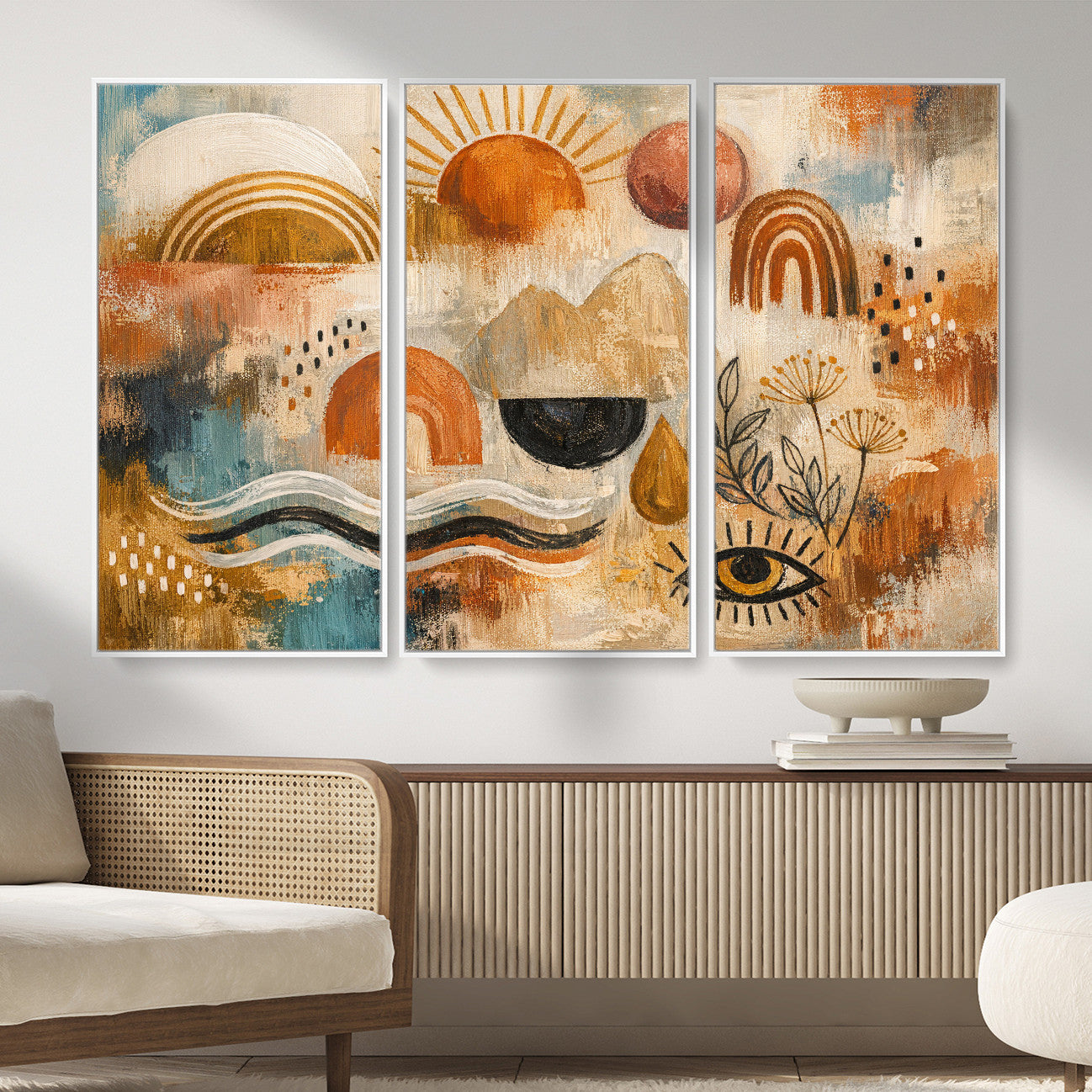 52155239-MGV-CV-36X24 - Geometric Boho Abstract Wall Art Canvas Print, Orange Blue Abstract Expressionist Painting Print, Modern Geometric Abstract Canvas Art