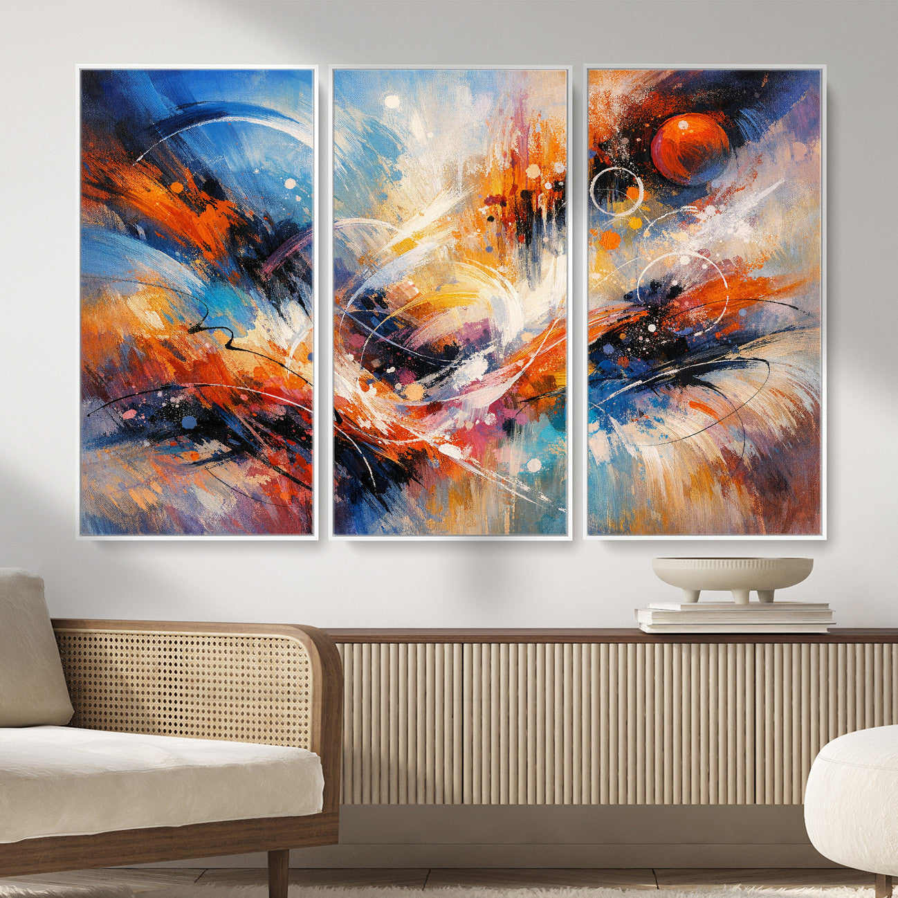 47770355-MGV-CV-36X24 - Geometric Abstract Wall Art Canvas Print, Orange Blue Abstract Expressionist Painting Print, Modern Geometric Abstract Canvas Art