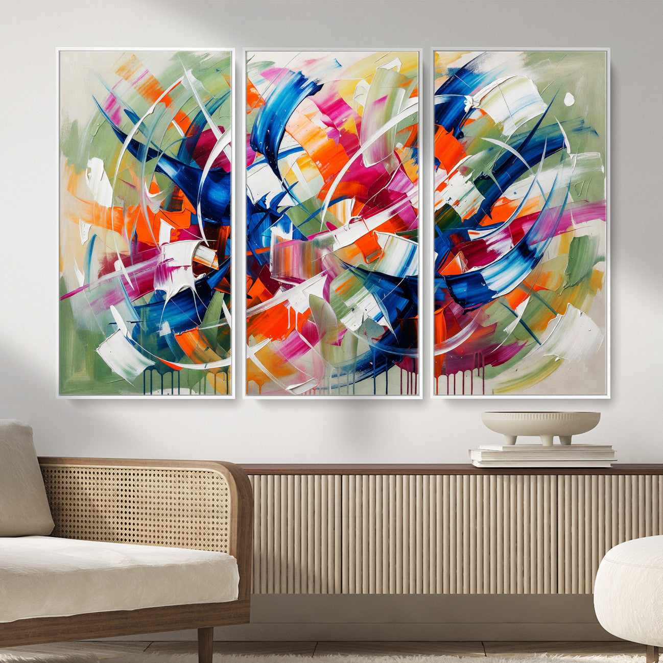 15032888-MGV-CV-36X24 - Geometric Abstract Wall Art Canvas Print, Orange Blue Abstract Expressionist Painting Print, Modern Geometric Abstract Canvas Art