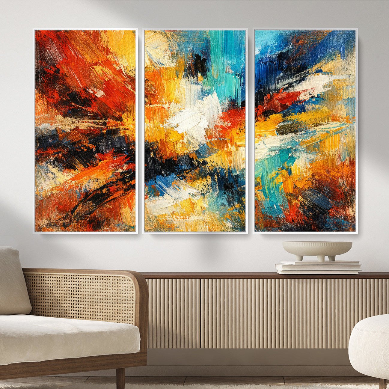 93167583-MGV-CV-36X24 - Geometric Abstract Wall Art Canvas Print, Orange Blue Abstract Expressionist Painting Print, Modern Geometric Abstract Canvas Art