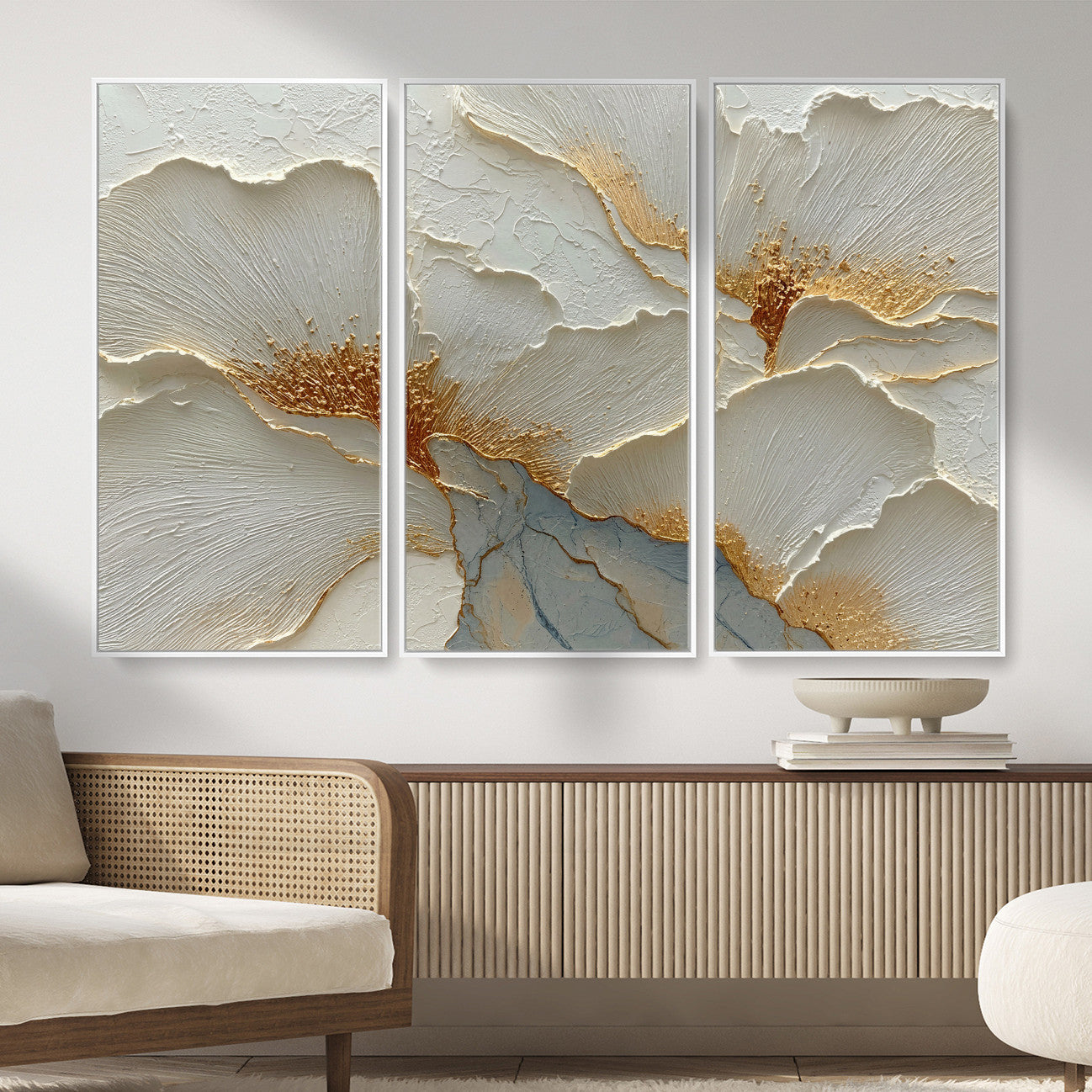 4712069F1-MGV-CV-36X24 - White Gold Floral Canvas Wall Art — Textured Flower Print | Luxury Botanical Decor | Elegant Bedroom Art | Gold Leaf Wall Art Gift
