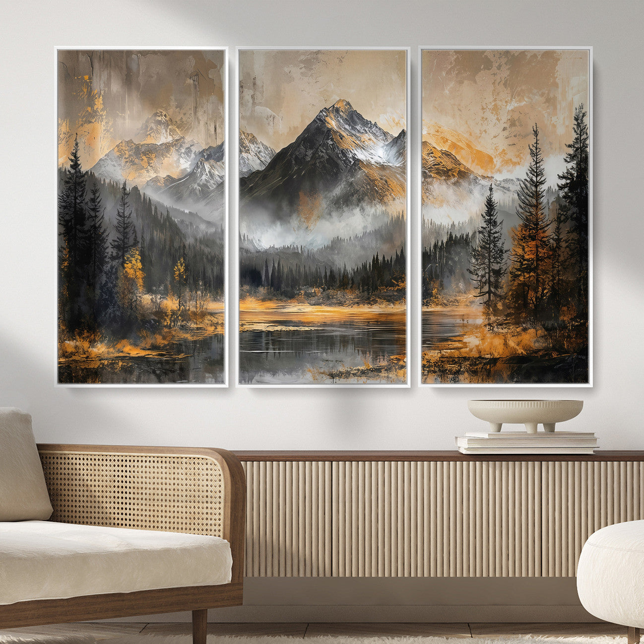 4712069D1-MGV-CV-36X24 - Mountain Lake Canvas Wall Art — Rustic Forest Landscape Print | Gold Grey Nature Decor | Cabin Wall Art | Large Wilderness Art Print Gift