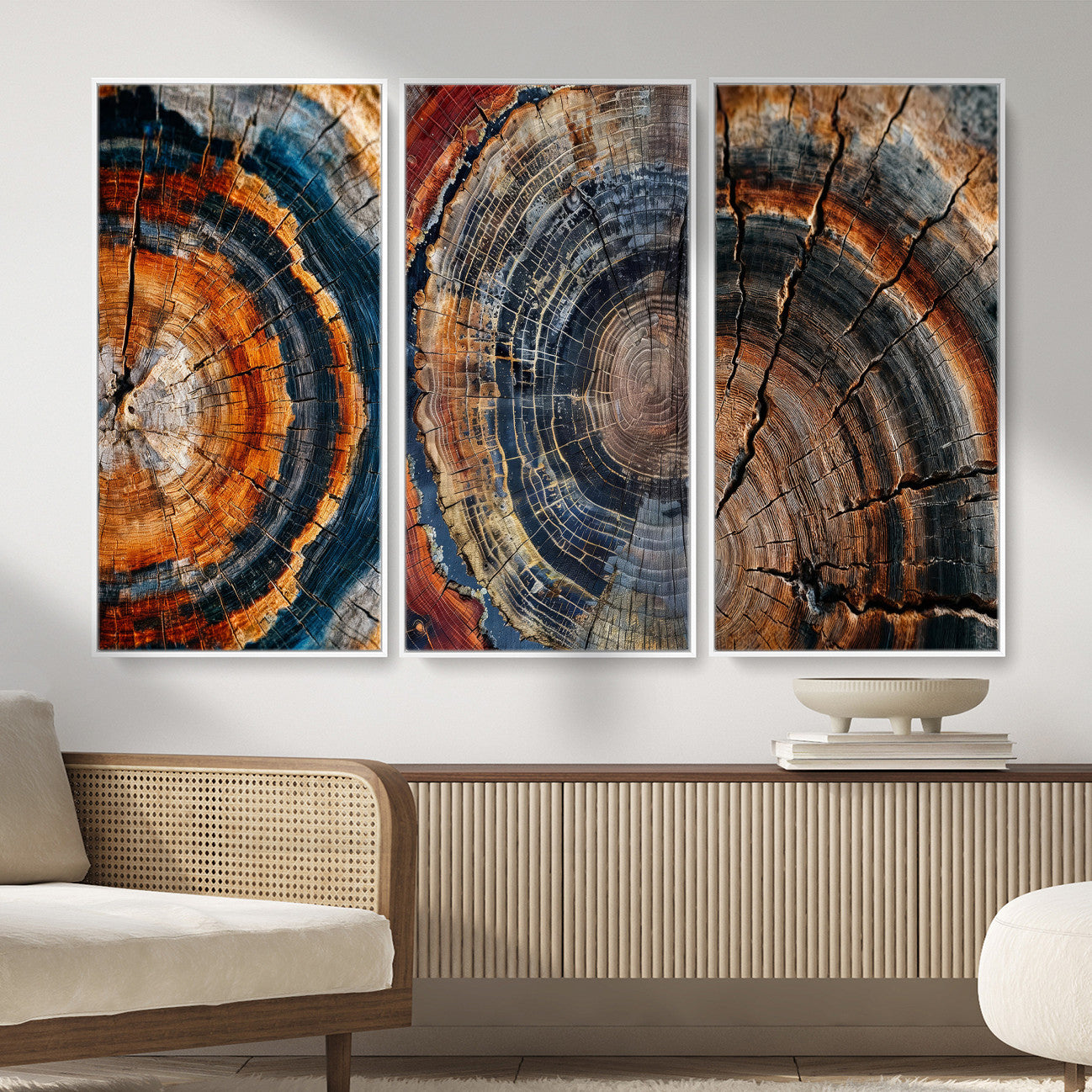 4712069W1-MGV-CV-48X32-3P - Tree Ring Triptych Canvas Wall Art — Set of 3 Wood Grain Print | Rustic Nature Decor | Earth Tone Wall Art | Unique Living Room Art Gift