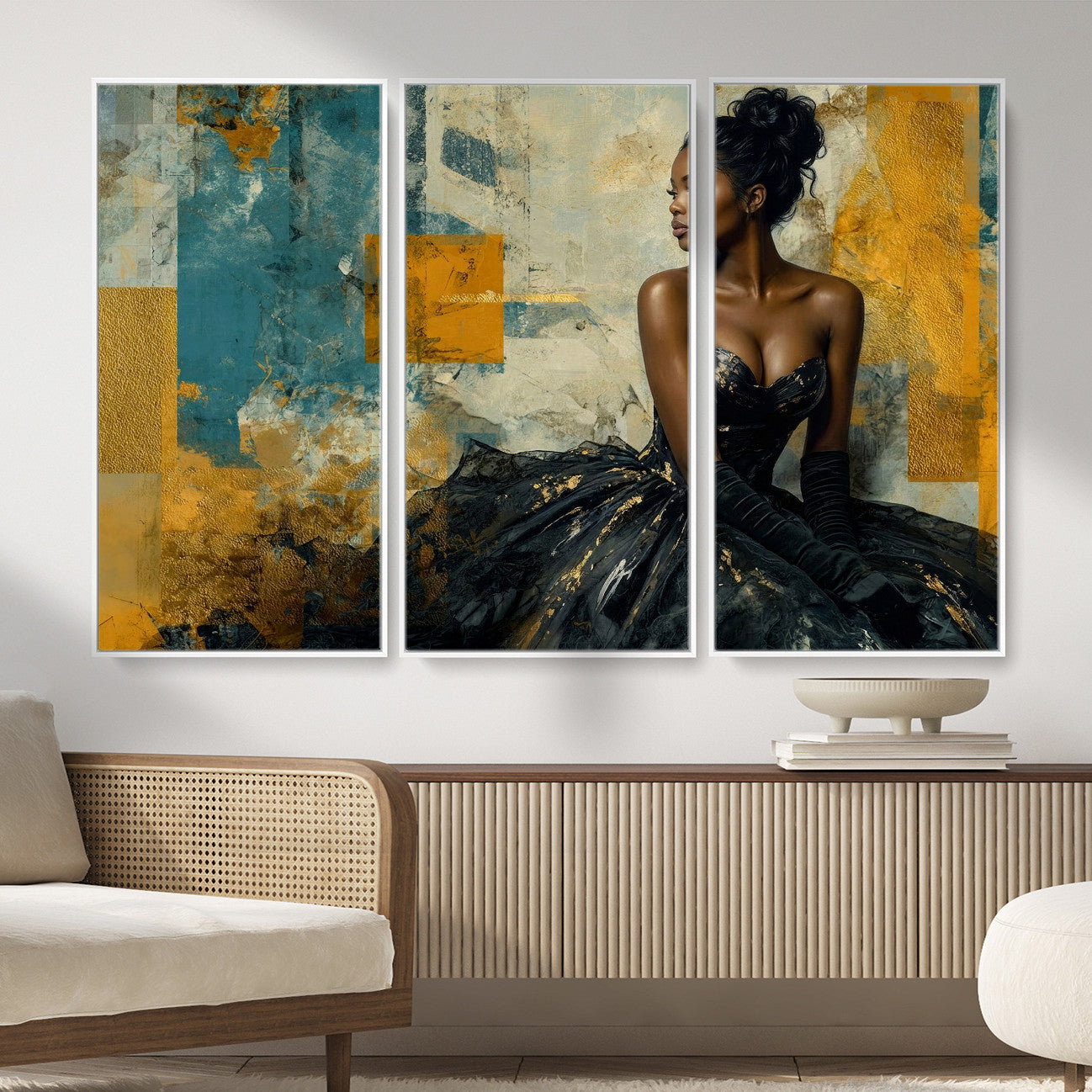 4712069Z21-MGV-CV-36X24 - Elegant Woman Canvas Wall Art — Black Gold Gown Fashion Print | Luxury Glam Wall Decor | African American Art | Bold Bedroom Wall Art Gift