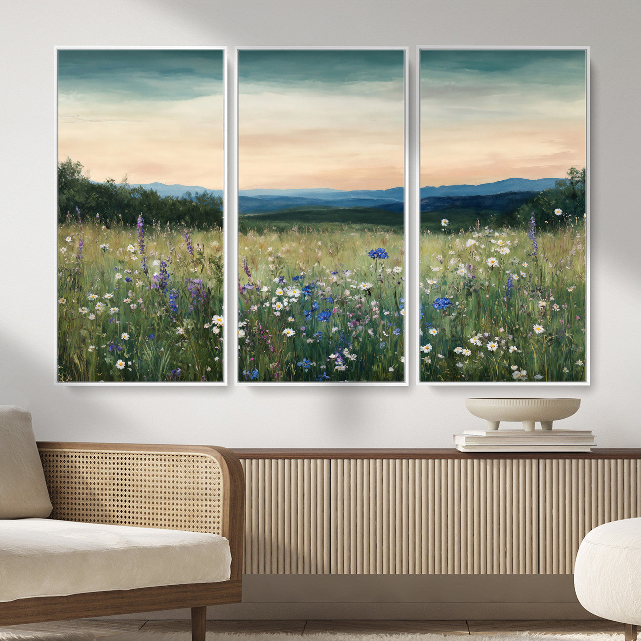 35773805-MGV-CV-36X24 - Wildflower Meadow Oil Painting Canvas Print - Daisy Lavender Mountain Sunset Print | Cottagecore Floral Wall Art - Bedroom Decor Gift for Her