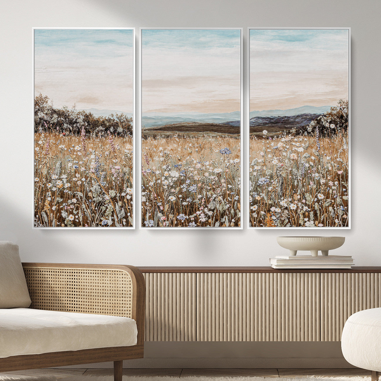 F35773805-MGV-CV-36X24 - Neutral Wildflower Field Canvas Wall Art — Beige Earth Tone Botanical Meadow Print | Farmhouse Boho Decor | Bedroom Living Room Gift Her