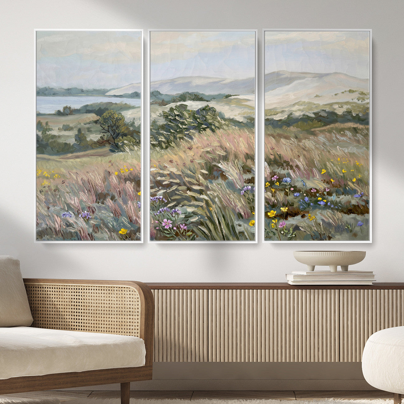 18013232-MGV-CV-36X24 - Katie Staples Hillside Canvas Wall Art — Coastal Wildflower Dune Oil Painting Print | Muted Green Nature Decor | Plein Air Landscape Gift