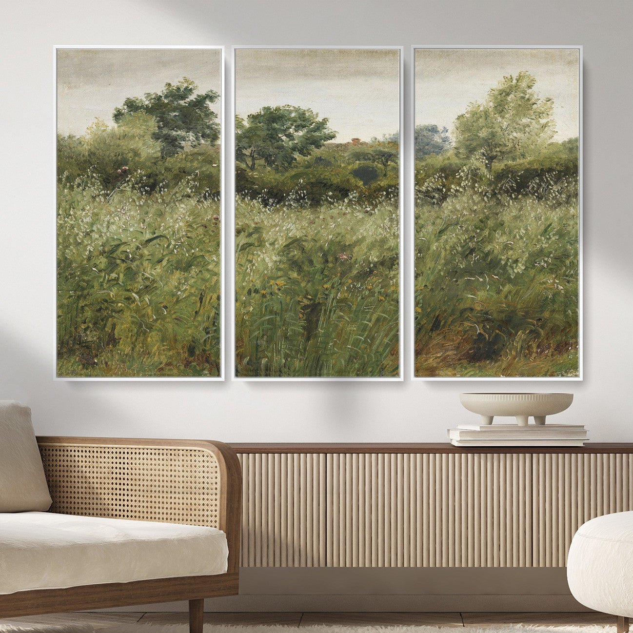 92328261-MGV-CV-36X24 - Wildflower Meadow Canvas Wall Art, Impressionist Overgrown Field Painting Print, Vintage Green Nature Decor, Cottagecore Botanical Art, Living Room Print