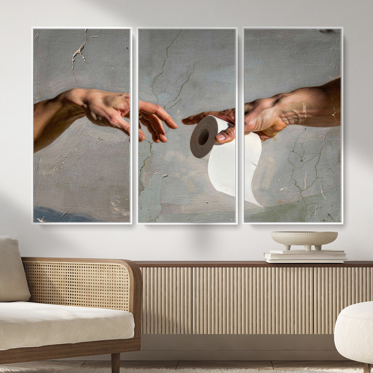 72030048-MGV-CV-36X24 - Funny Bathroom Wall Art Canvas, Creation of Toilet Paper Parody Print, Renaissance Humor Decor, Toilet Room Art, Quirky Housewarming Gift, Classic Art Spoof