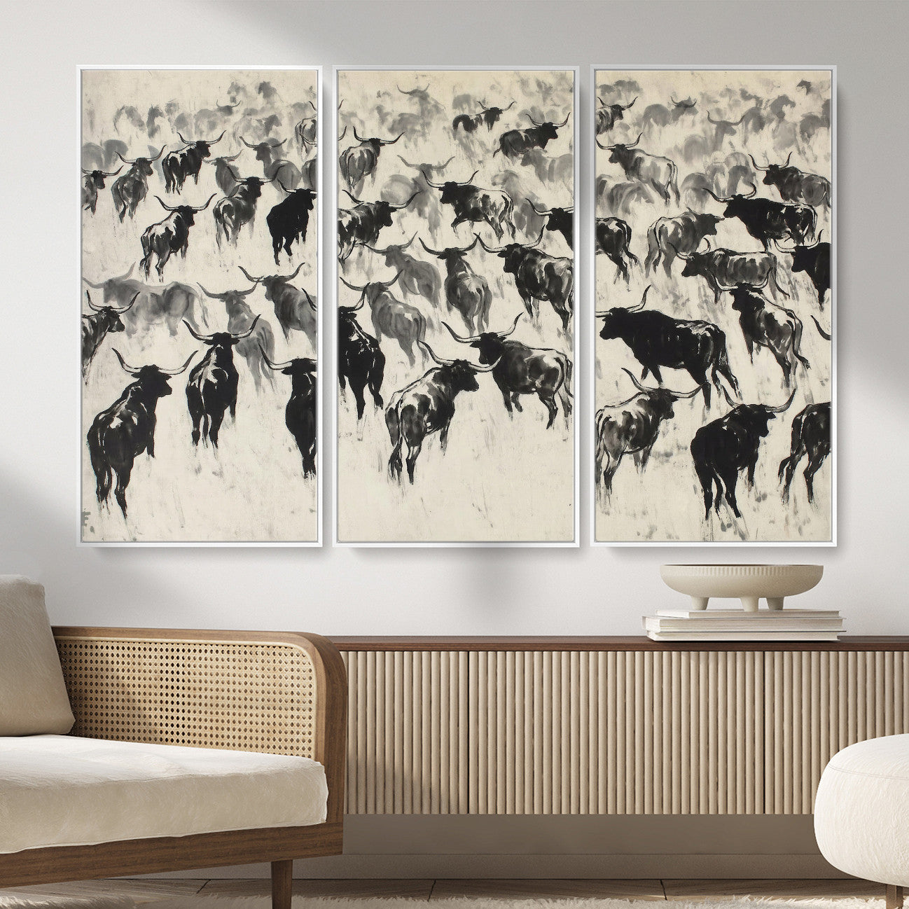 68669792-MGV-CV-36X24 - Longhorn Cattle Canvas Wall Art, Black White Stampede Ink Painting Print, Western Farmhouse Decor, Bull Herd Art, Large Living Room Wall Art, Ranch Home Decor