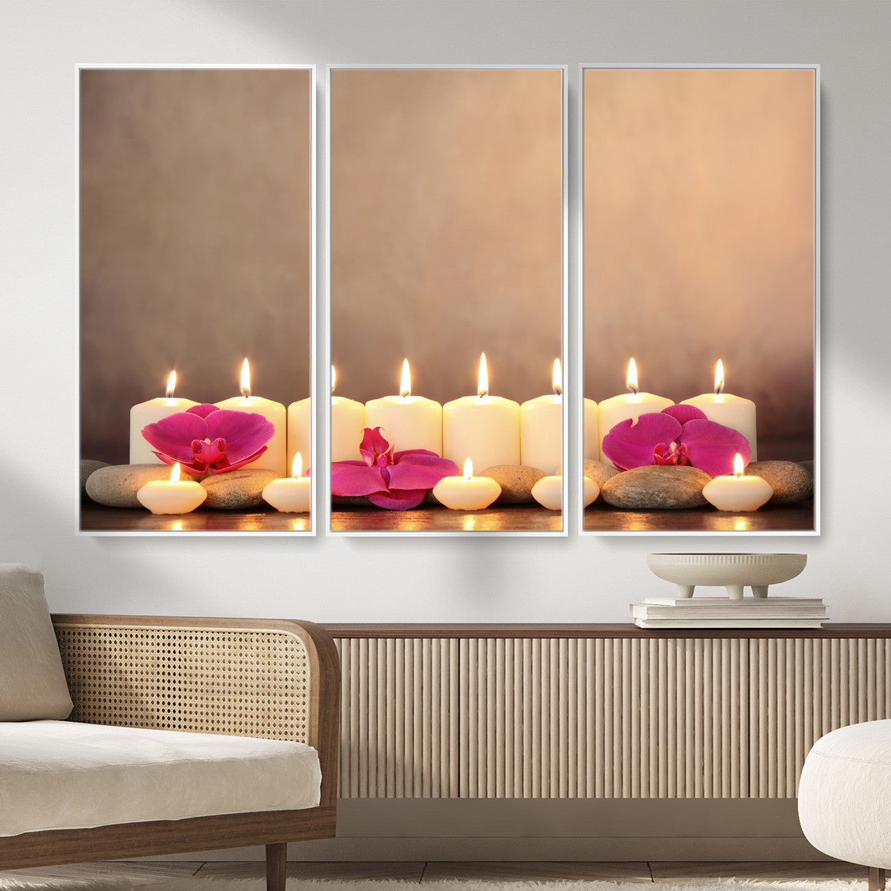 59470569-MGV-CV-36X24 - Spa Candles Orchid Canvas Print | Zen Wellness Relaxation Wall Art | Pink Flower Candlelight Bathroom Decor | Calm Beige Photography