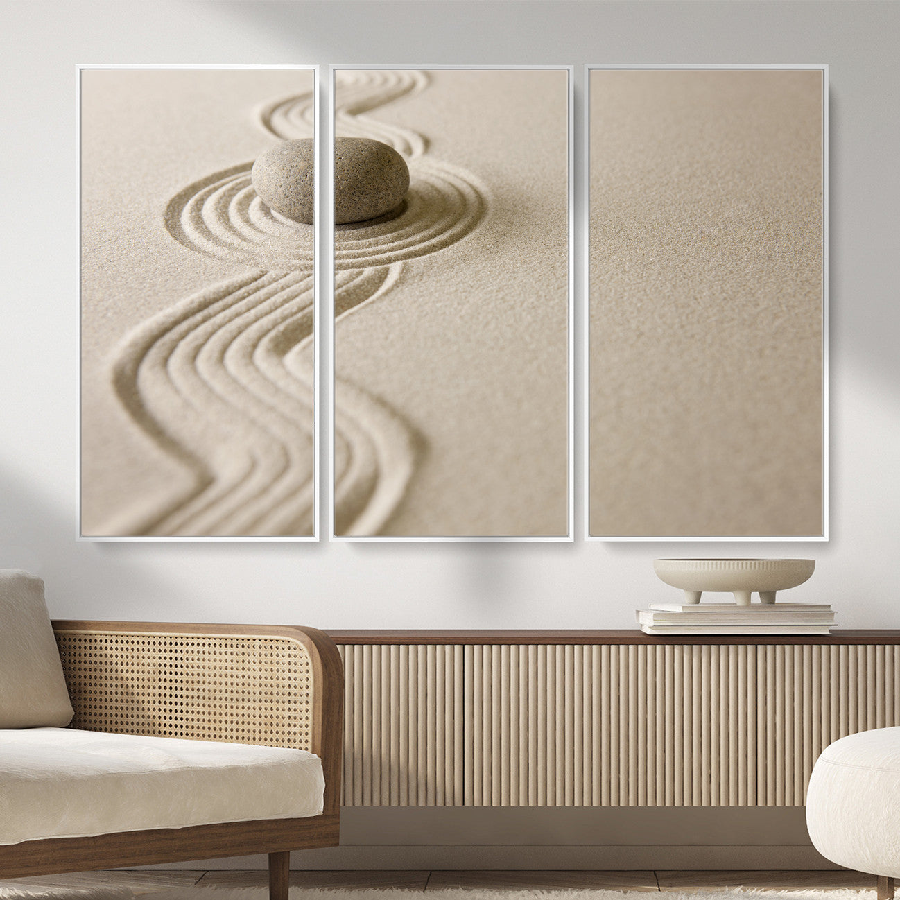 66852661-MGV-CV-36X24 - Zen Garden Stone Sand Canvas | Japanese Rock Garden Wall Art | Minimalist Meditation Print | Neutral Beige Mindfulness Decor