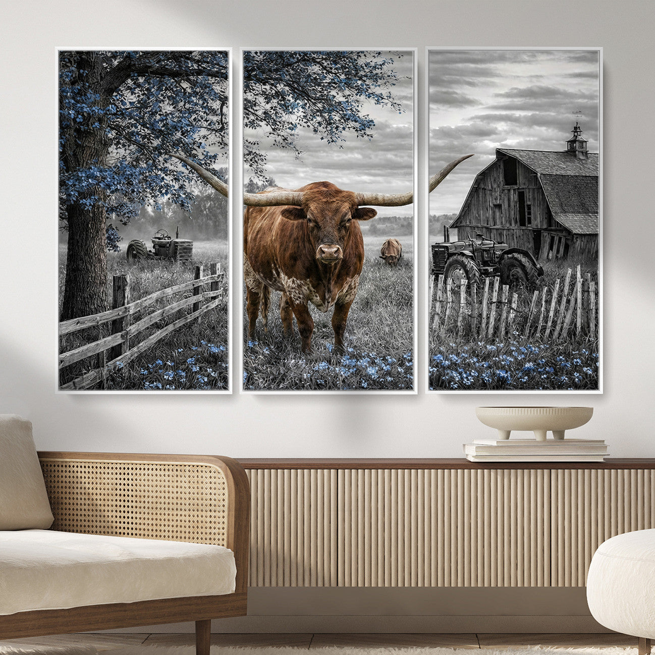19366343-MGV-CV-36X24 - Texas Longhorn Canvas Wall Art, Rustic Farm Barn Bluebonnet Photography Print, Farmhouse Country Decor, Western Ranch Art, Old Truck Tractor Print