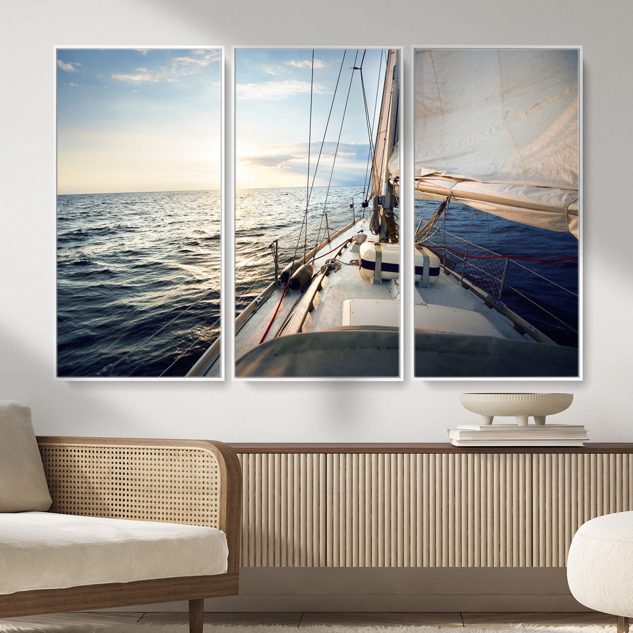 76381335-MGV-CV-36X24 - Sailboat Wall Art Canvas Print, Ocean Sunset Sailing Framed Artwork, Coastal Nautical Seascape Decor for Living Room Office Beach House