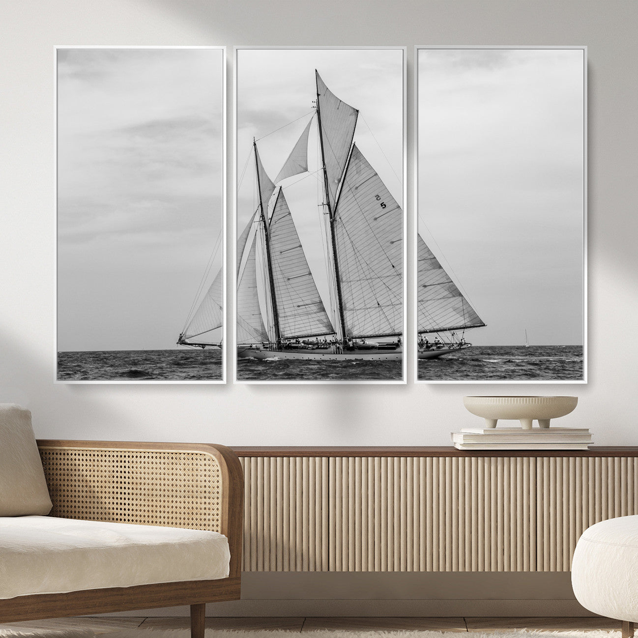 52882918-MGV-CV-36X24 - Vintage Sailboat Wall Art Canvas Print, Black and White Schooner Framed Artwork, Nautical Ocean Sailing Decor for Living Room Office Beach House