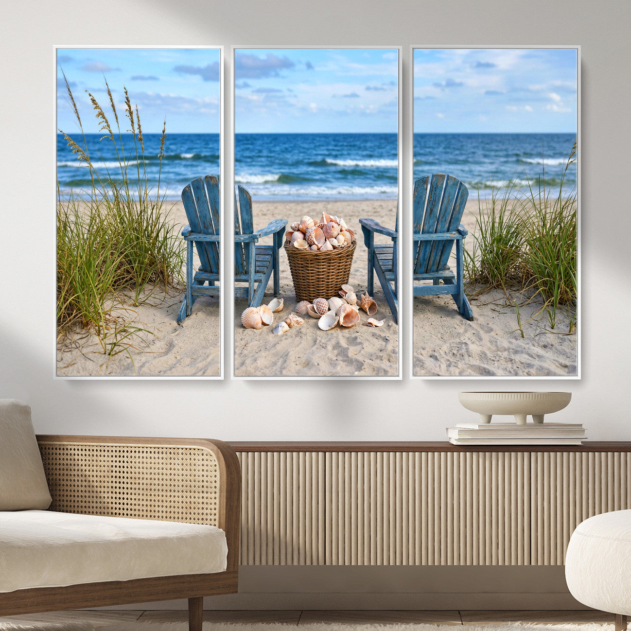 80268829-MGV-CV-36X24 - Large Beach Canvas Wall Art Coastal Adirondack Chairs Ocean Seashells Blue Nautical Framed Large for Living Room Bedroom Bathroom Decor