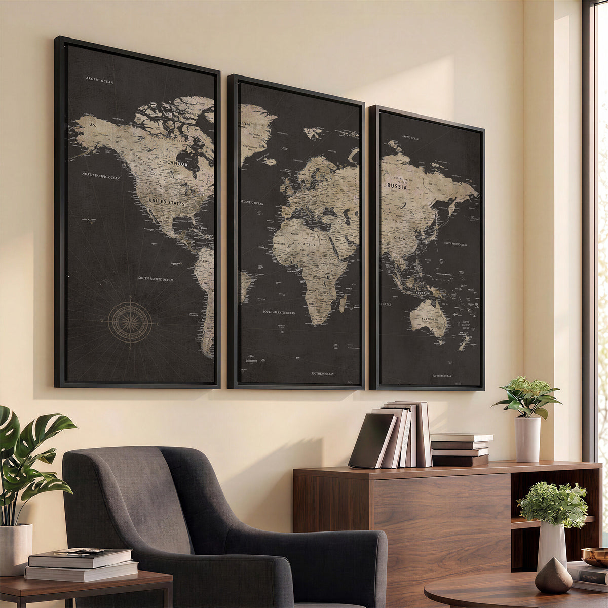 56556018136-MGV-CV-36X24 - World Map Canvas Wall Art, Dark Charcoal and Antique Tan Detailed Map