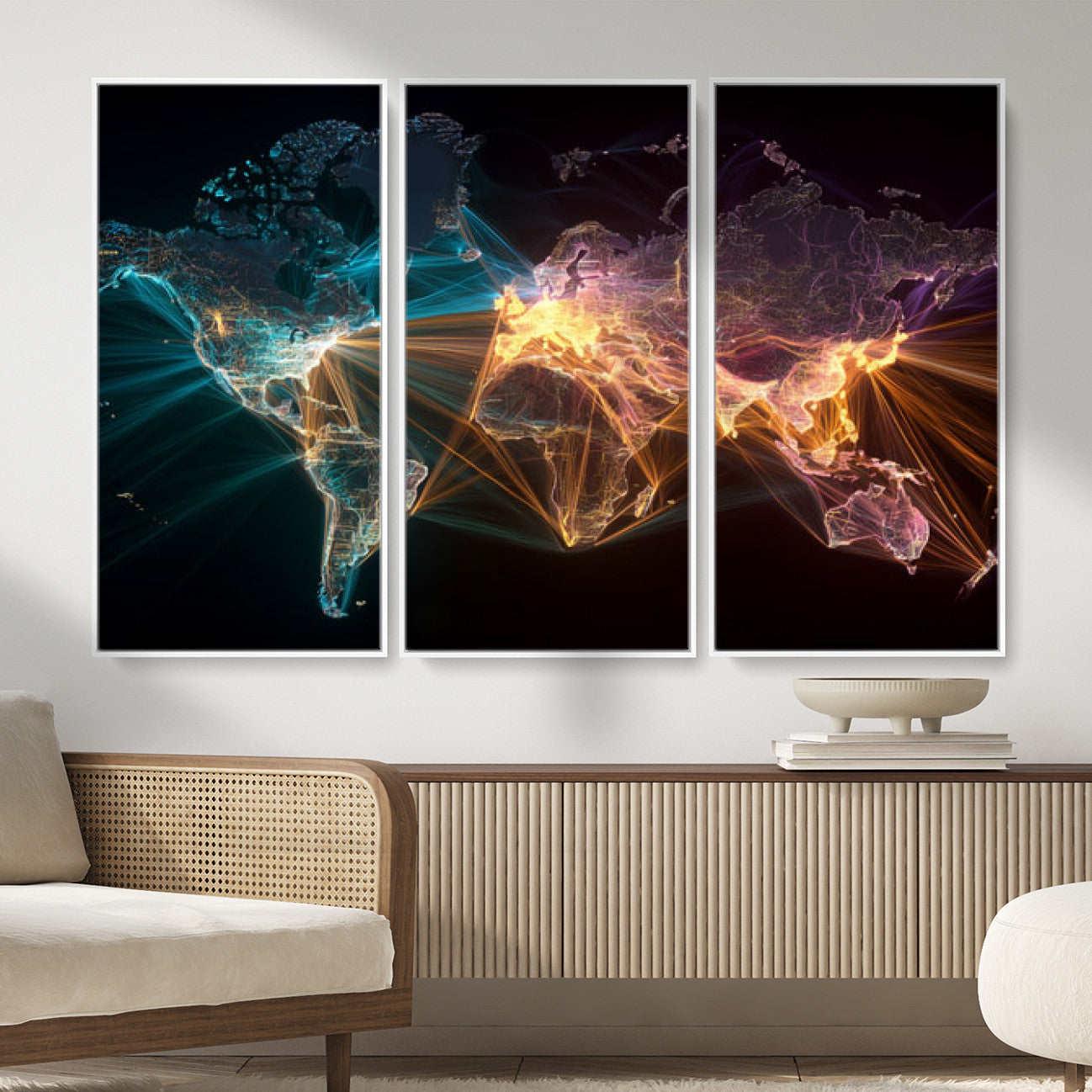 14891737-MGV-CV-36X24 - World Map and Global Flight Routes Map Canvas Wall Art, Worldwide Aviation Network Print, International Air Travel Wall Decor