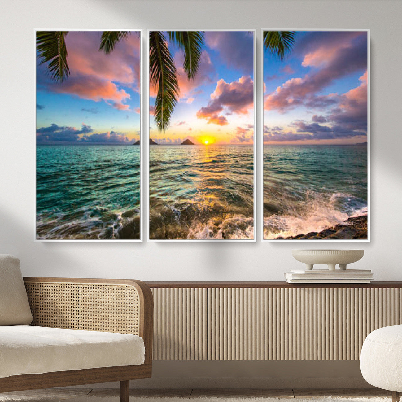 13207742-MGV-CV-36X24 - Hawaii Beach Sunset Canvas Wall Art Print, Tropical Ocean Landscape Artwork, Palm Tree Coastal Decor for Living Room Bedroom