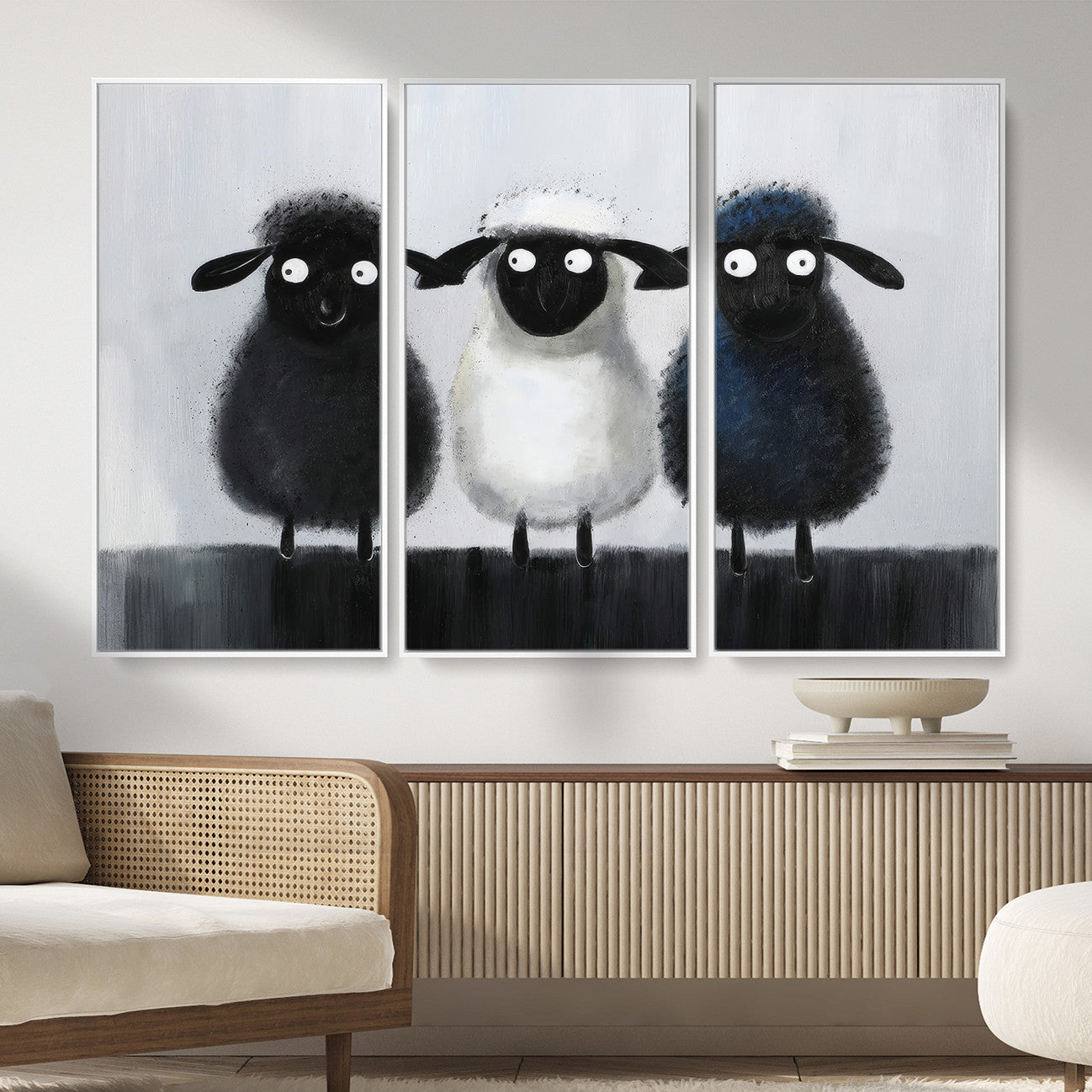 45650028-MGV-CV-36X24 - Funny Sheep Canvas Wall Art, Three Quirky Sheep Painting Print, Cute Animal Nursery Decor, Black White Navy Farmhouse Art, Kids Room Gift