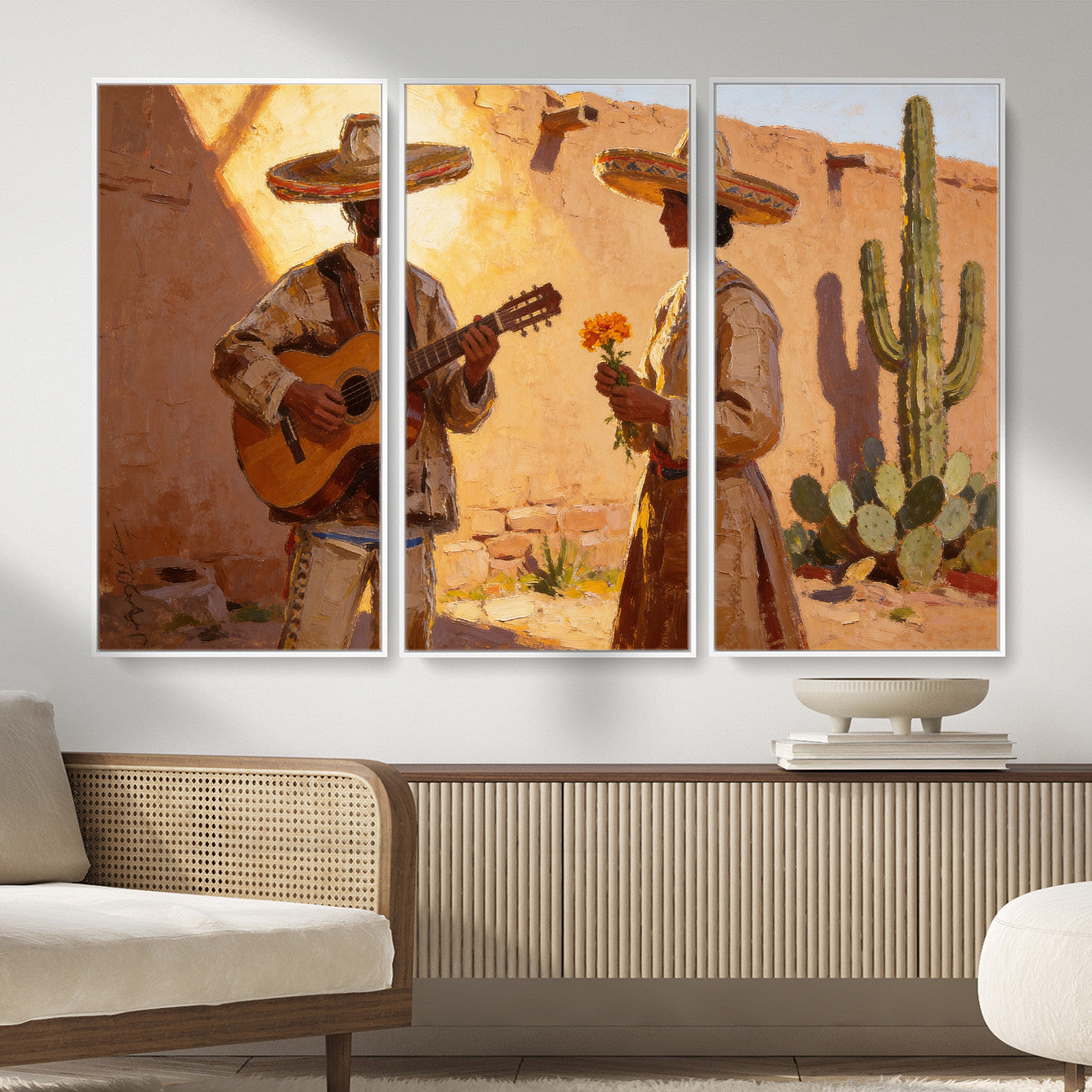 41849005-MGV-CV-36X24 - Mexican Couple Canvas Wall Art, Romantic Serenade Guitar Painting Print, Southwestern Desert Adobe Decor, Warm Golden Folk Art, Living Room Art