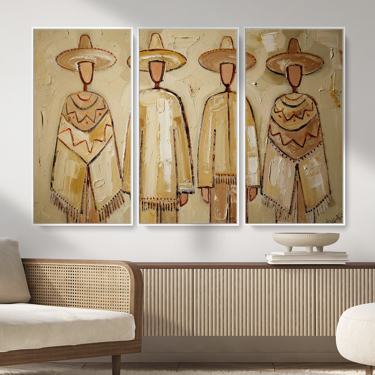 46071653-MGV-CV-36X24 - Mexican Folk Art Canvas Wall Art, Charro Poncho Sombrero Painting Print, Neutral Beige Boho Decor, Southwestern Impasto Style, Living Room Art