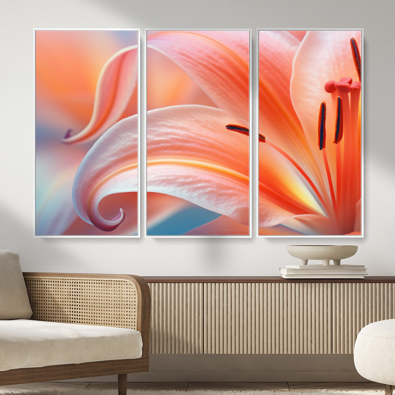 69566231-MGV-CV-36X24 - Peach Lily Canvas Wall Art, Coral Pink Flower Macro Photo Print, Botanical Bedroom Decor, Soft Floral Photography, Living Room Wall Art