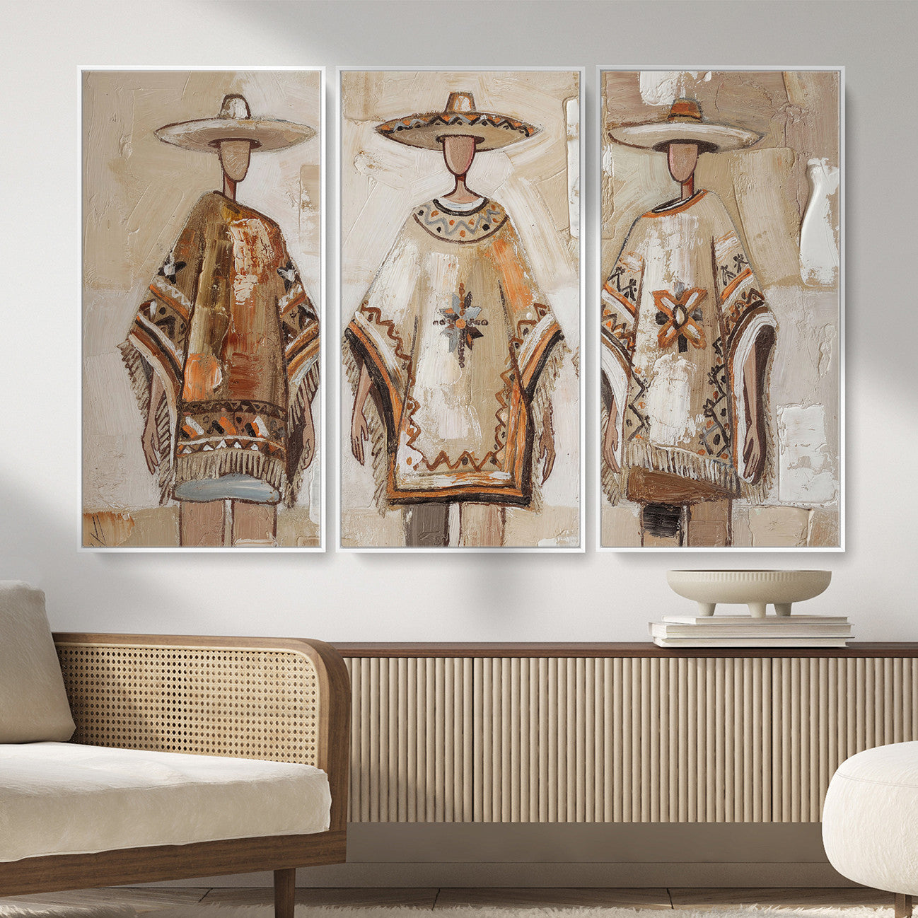 85373290-MGV-CV-36X24 - Mexican Folk Art Canvas Wall Art, Charro Poncho Sombrero Painting Print, Neutral Beige Boho Decor, Southwestern Impasto Style, Living Room Art