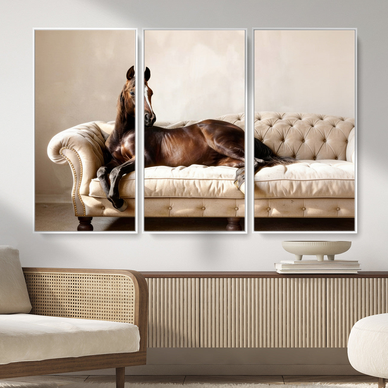 17716841-MGV-CV-36X24 - Funny Horse on Sofa Canvas Wall Art, Quirky Horse Lounging Photo Print, Whimsical Animal Decor, Living Room Conversation Art, Horse Lover Gift